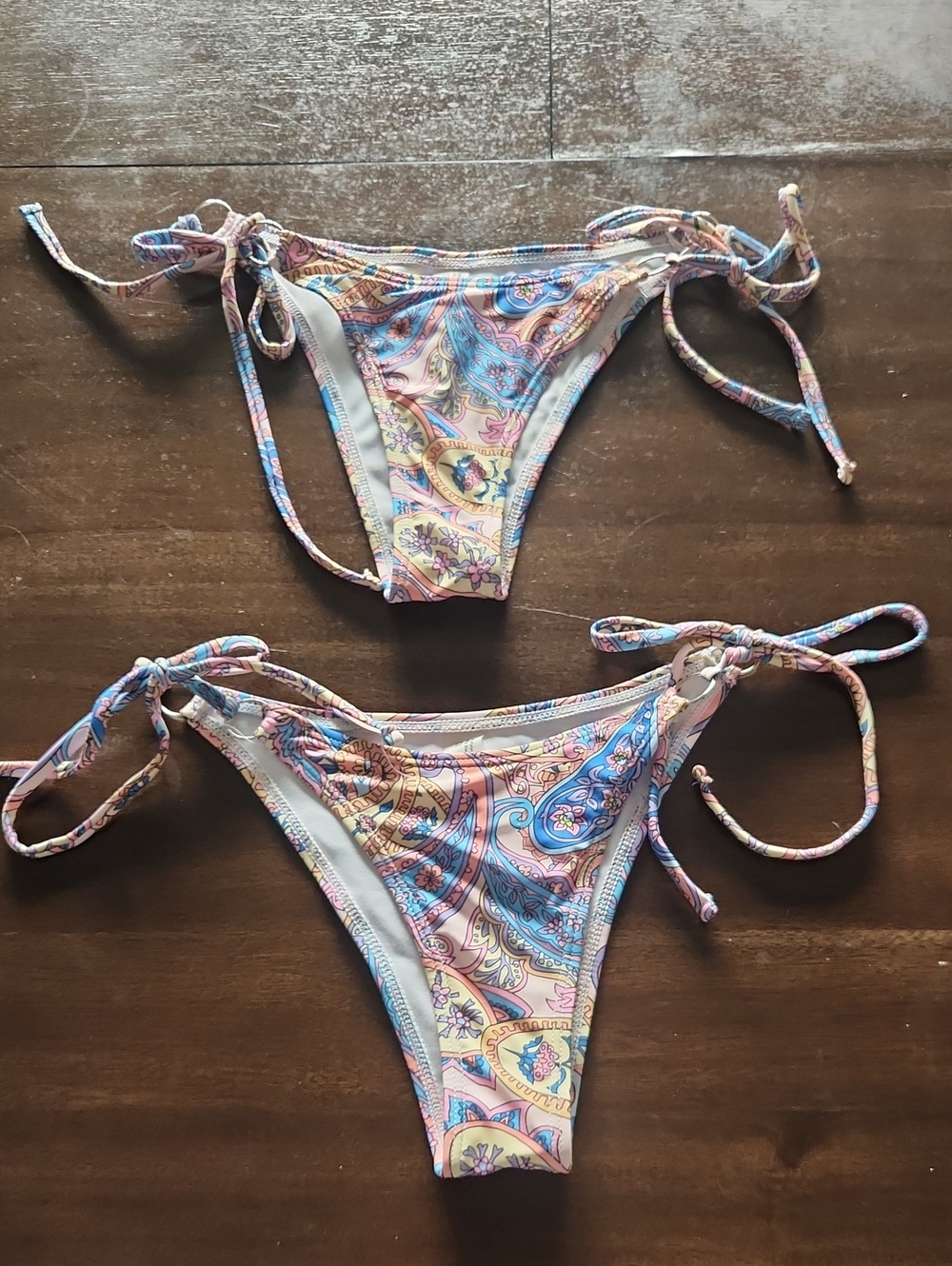 SHEIN Pastel Paisley Tie-Side Bikini Bottoms - Pink, Blue, Cream